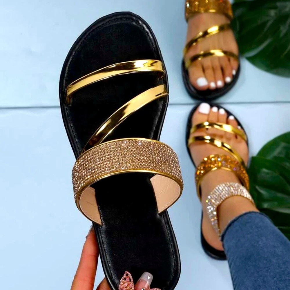 Glamorous Gold Slide Sandals For Women, Rhinestone Decor Multi Strap Sandals.